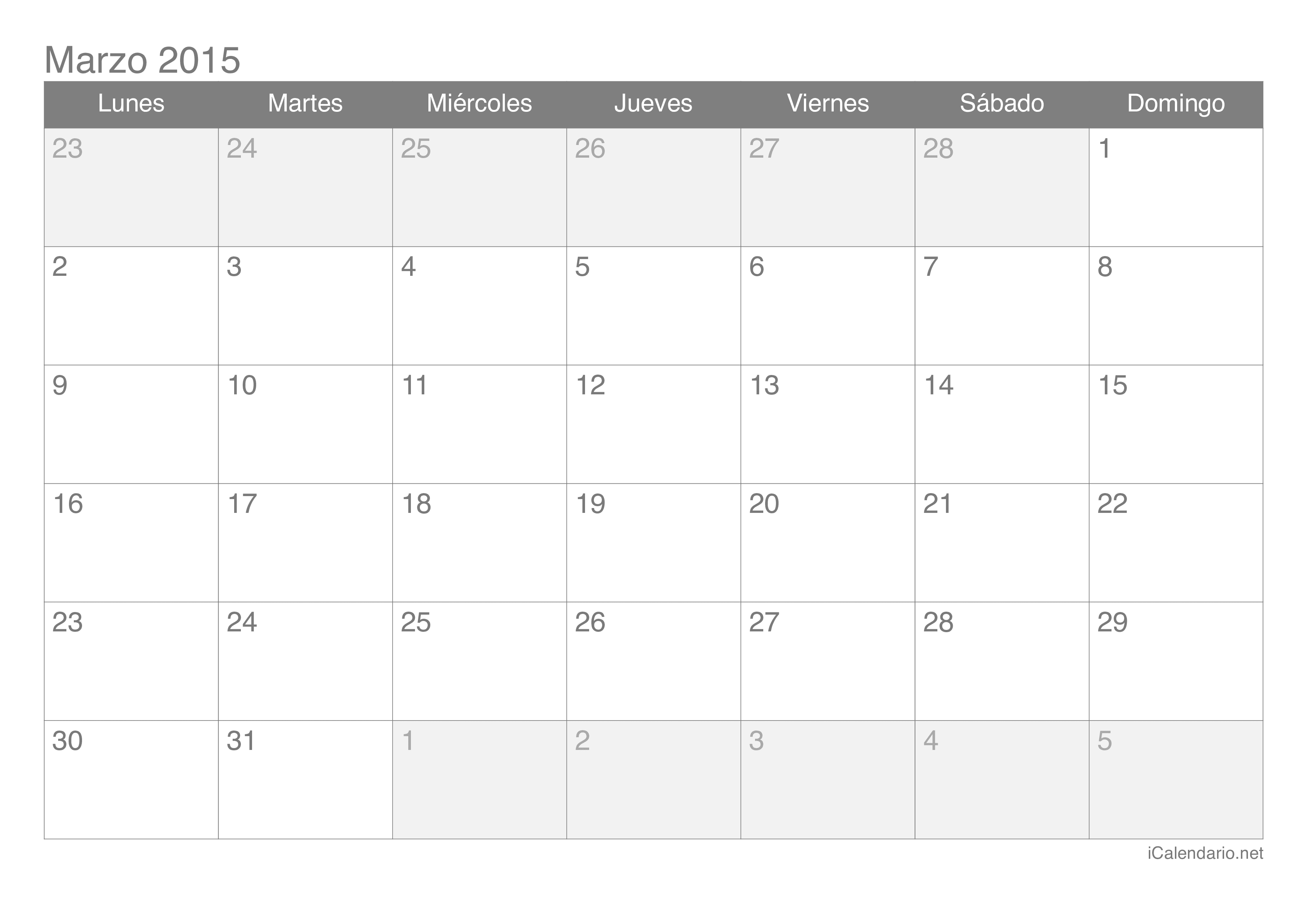 Calendario marzo 2015 para imprimir - iCalendario.