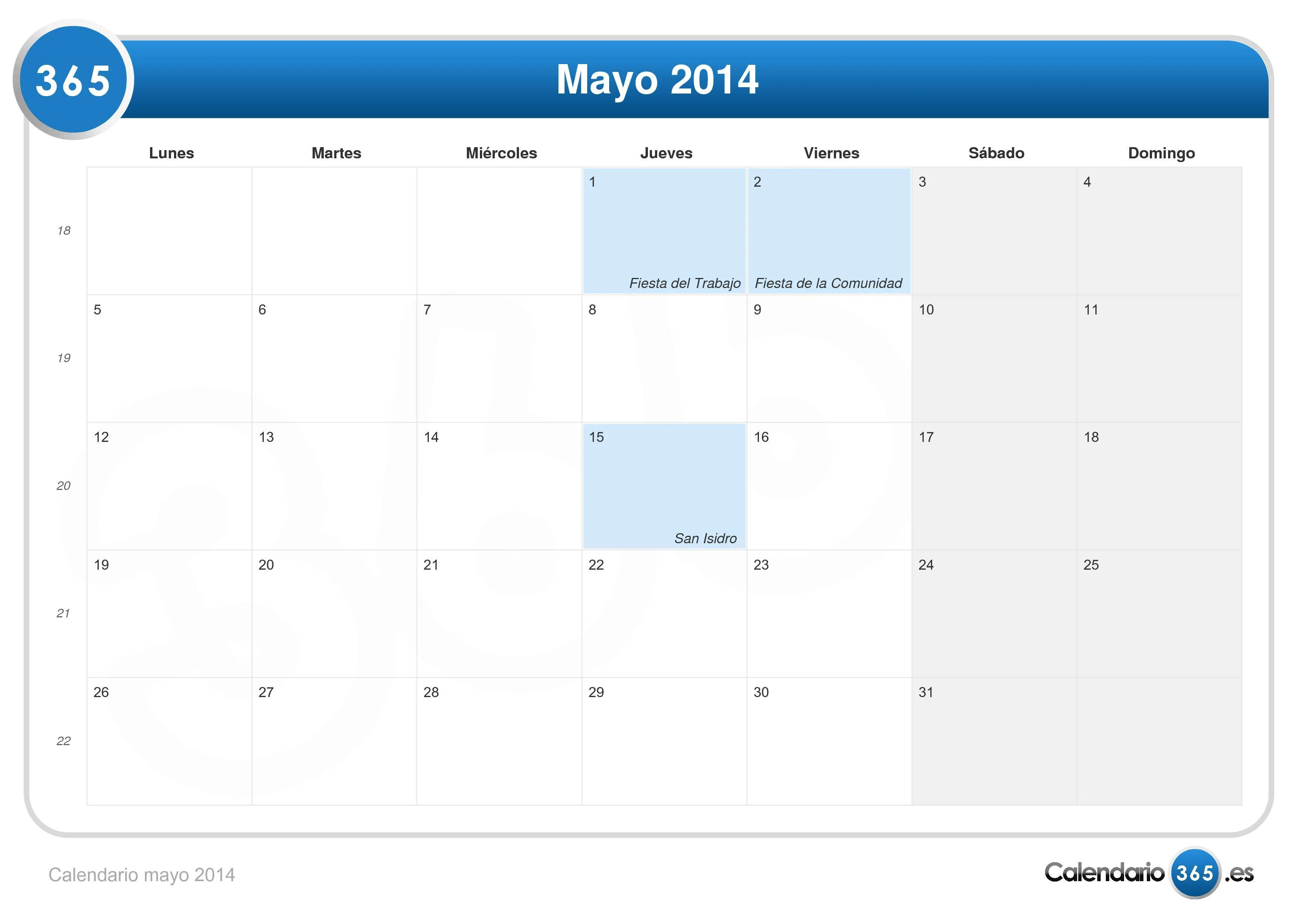 Calendario mayo 2014