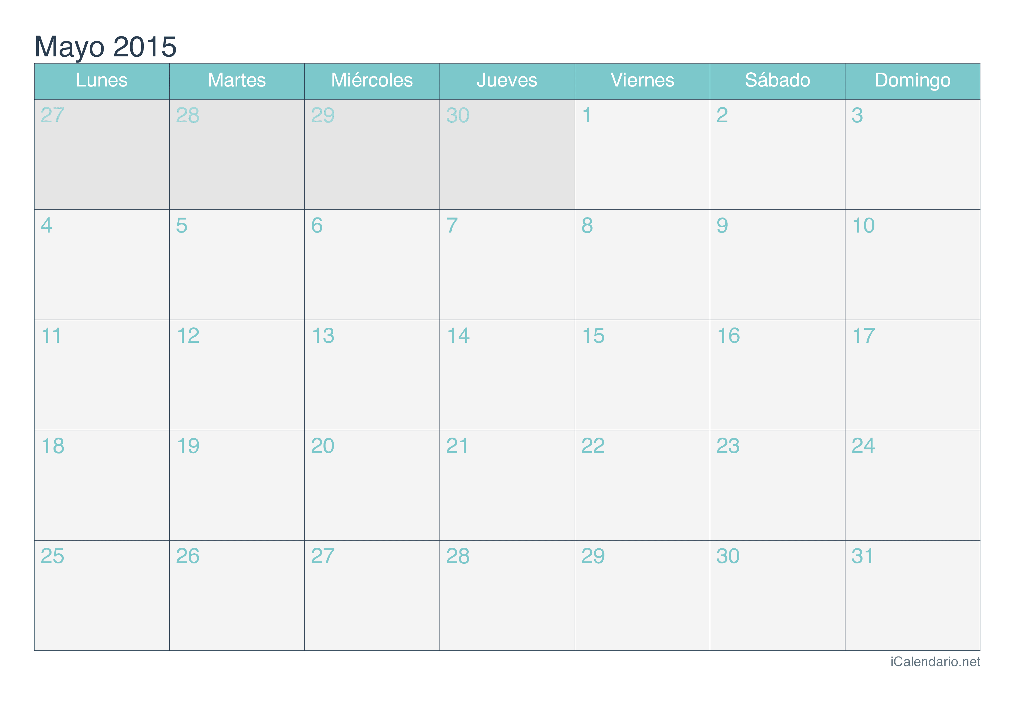 Calendario mayo 2015 para imprimir - iCalendario.