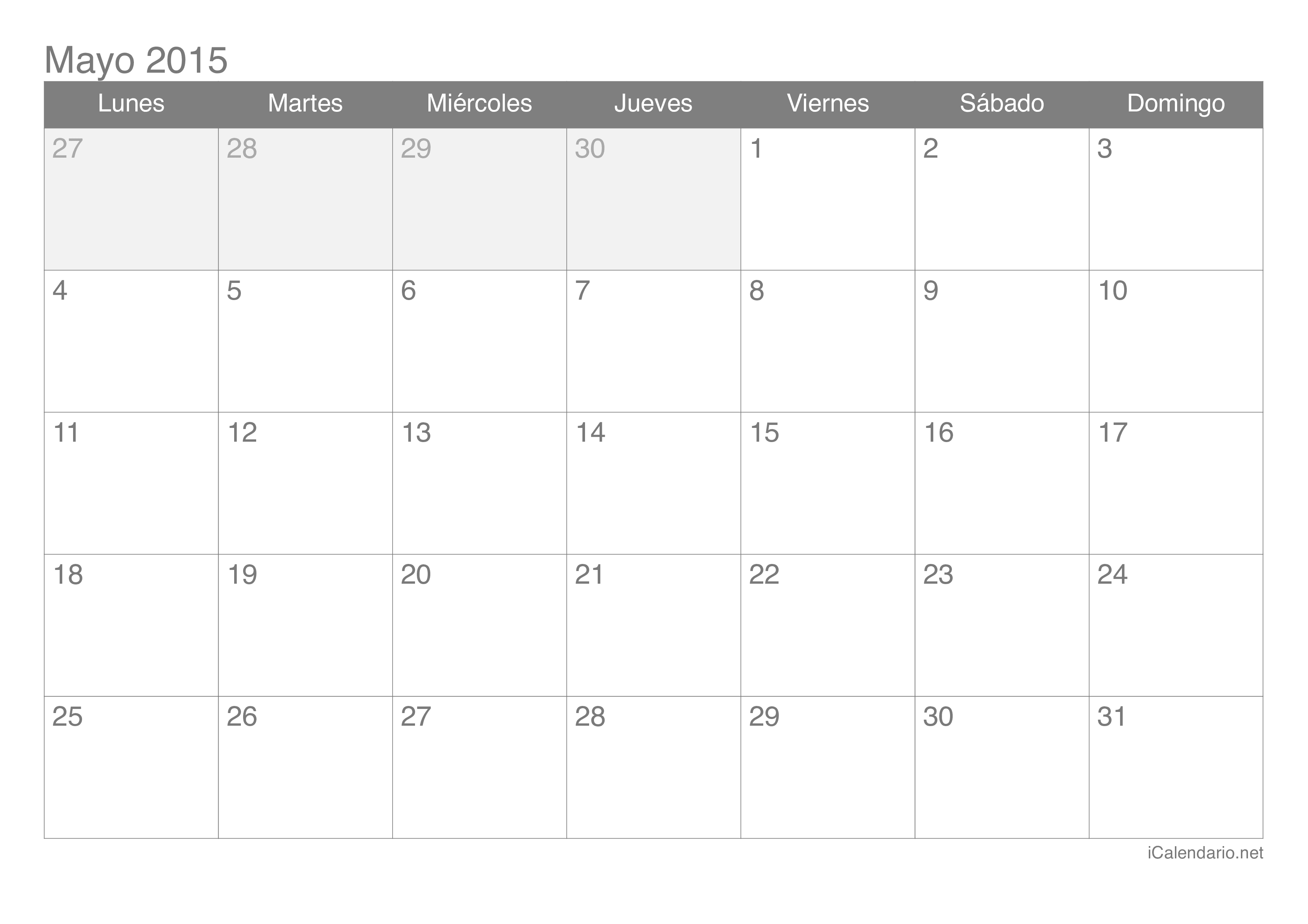 Calendario mayo 2015 para imprimir - iCalendario.