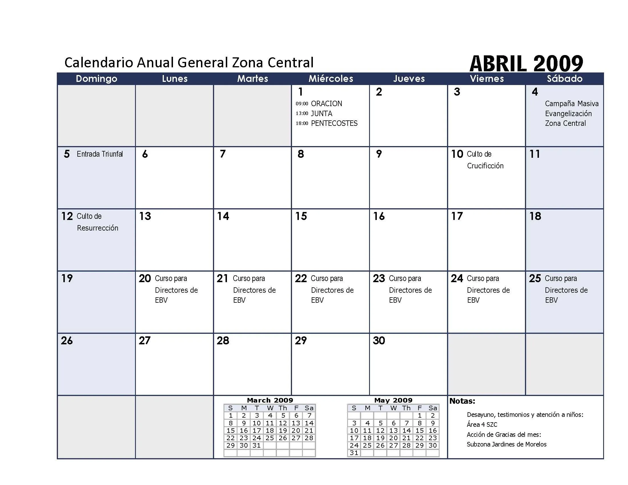 Calendario Mensual ZC | Zona Central