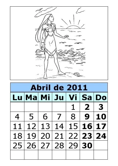 Calendario Mes de Abril 2011 para colorear