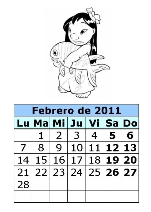 Calendario Mes de Febrero 2011 para colorear