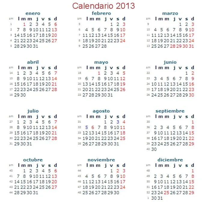 Calendario por semana 2013 - Imagui