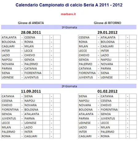 Calendario Serie A 2011 2012 in Excel e PDF