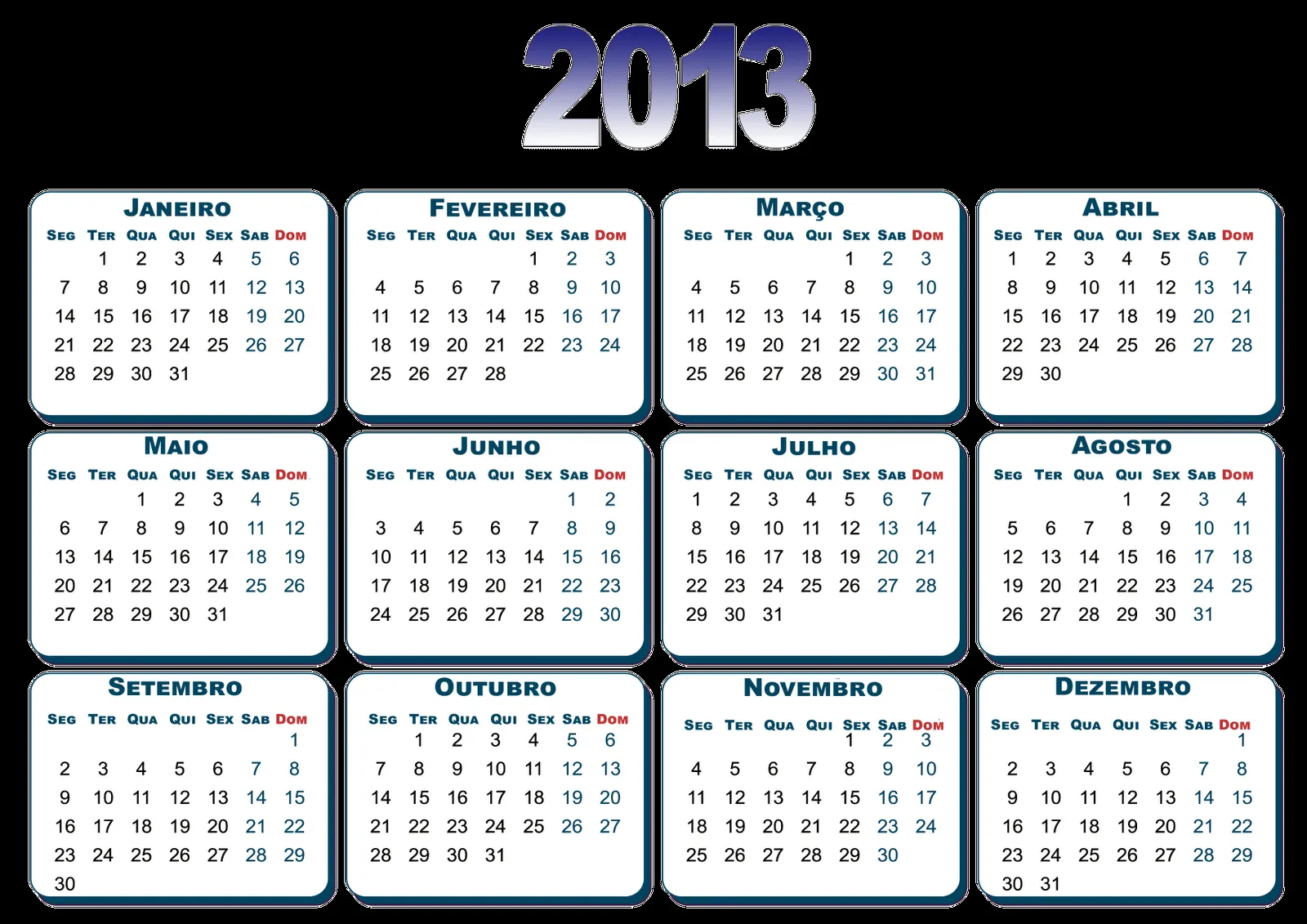 Calendários coloridos para 2013 - calendários em png 2013 ...