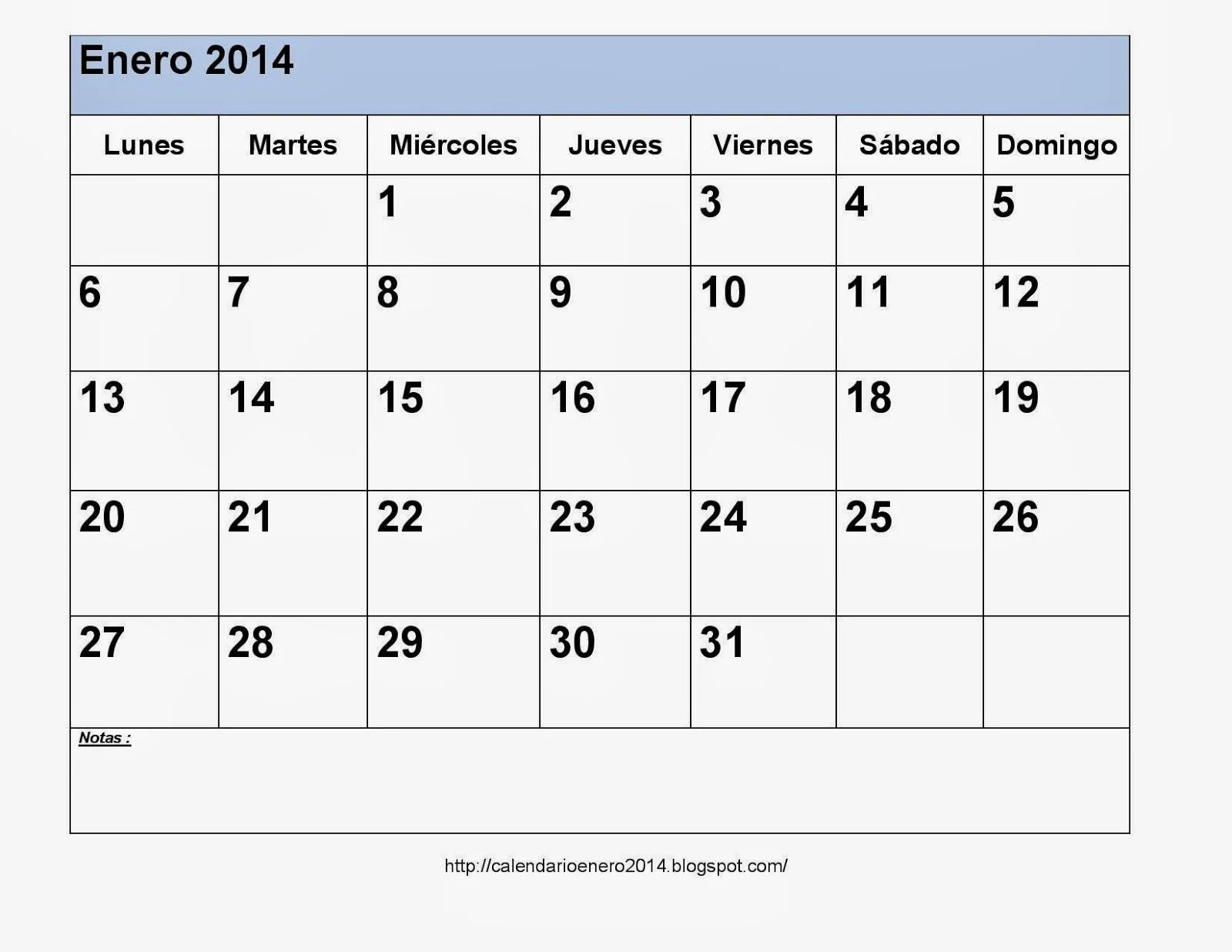 Calendarios Enero 2014 Para Imprimir Con Notas - Calendario Para ...