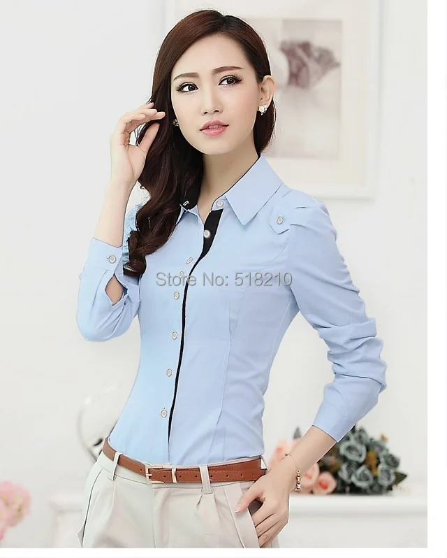 Camisa Azul De La Manga Office Lady Formal Camisas Blusa de alta ...