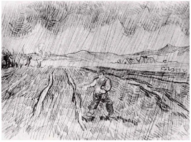 Campo cercado con un sembrador en la lluvia de Vincent van Gogh ...