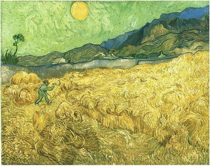 Campos de trigo con cosechador al amanecer de Vincent van Gogh ...