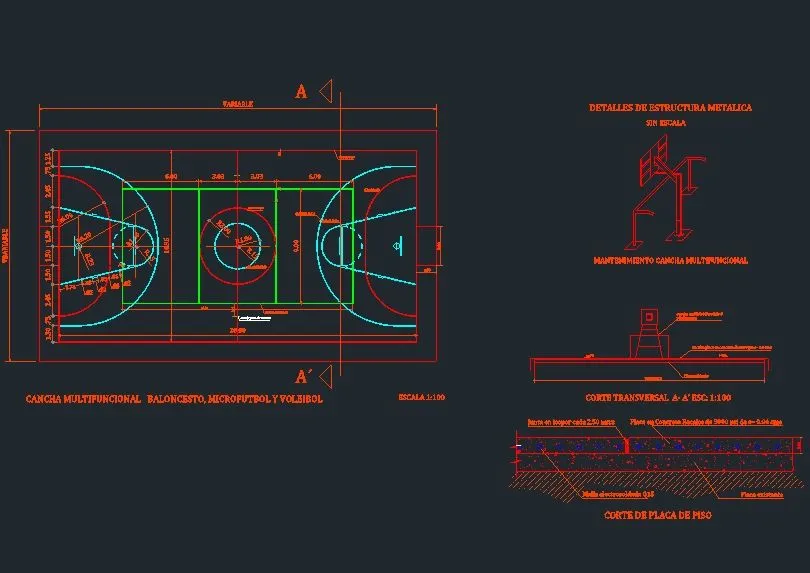 Cancha múltiple en AutoCAD | Descargar CAD gratis (175.1 KB) | Bibliocad