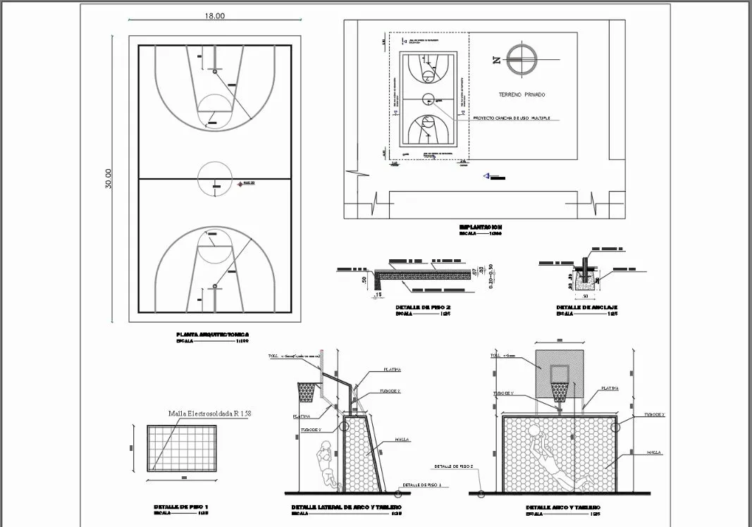 Cancha de uso múltiple en AutoCAD | Descargar CAD (210.68 KB) | Bibliocad