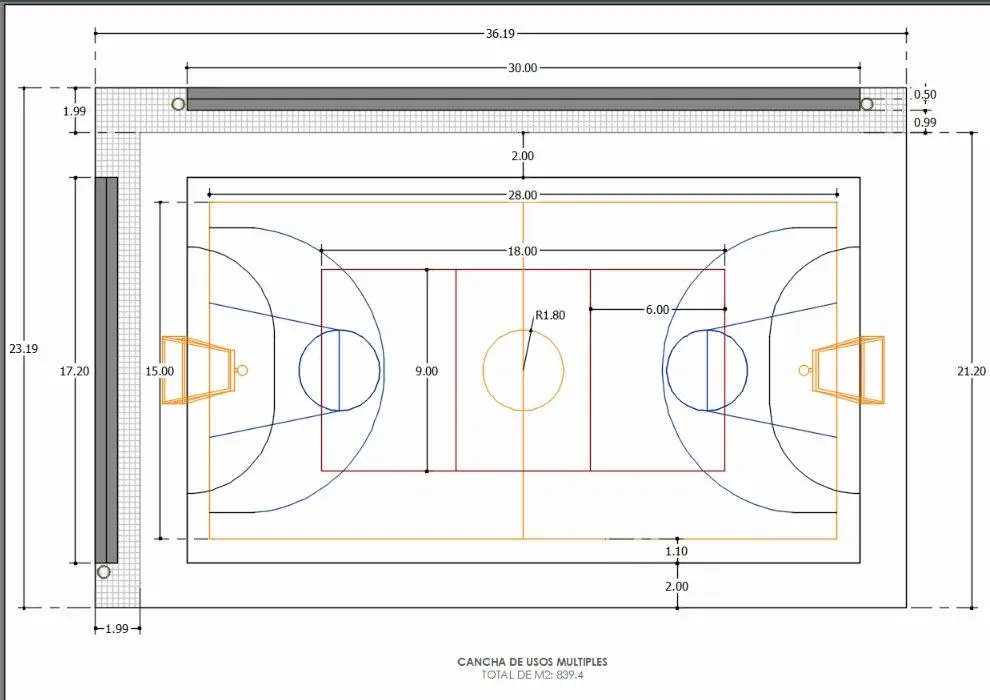 Cancha de usos múltiples en AutoCAD | Descargar CAD gratis (34.25 KB) |  Bibliocad