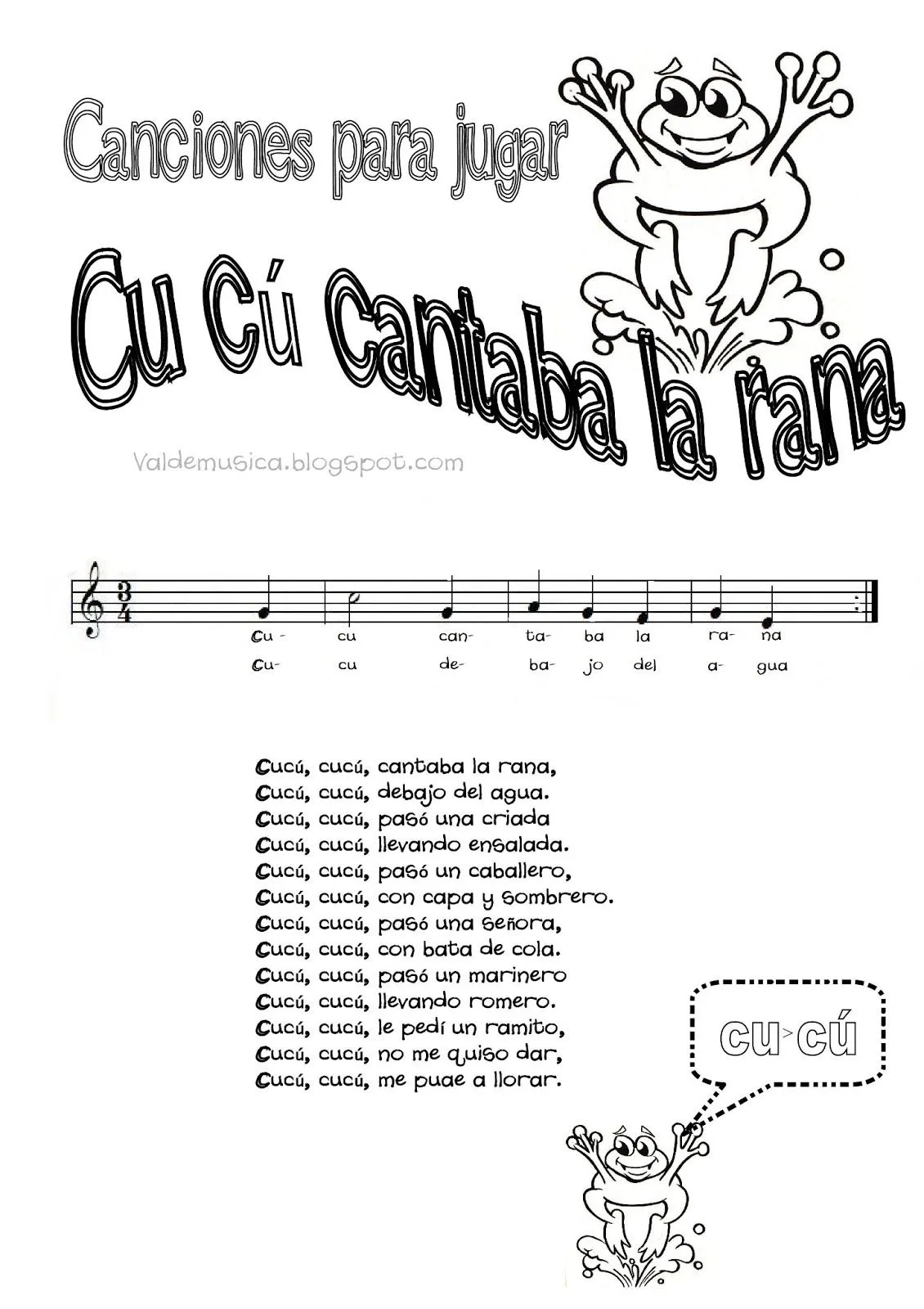 CANCIONES PARA JUGAR - PARTITURA CON LETRA DE LA CANCIÓN CU CÚ ...