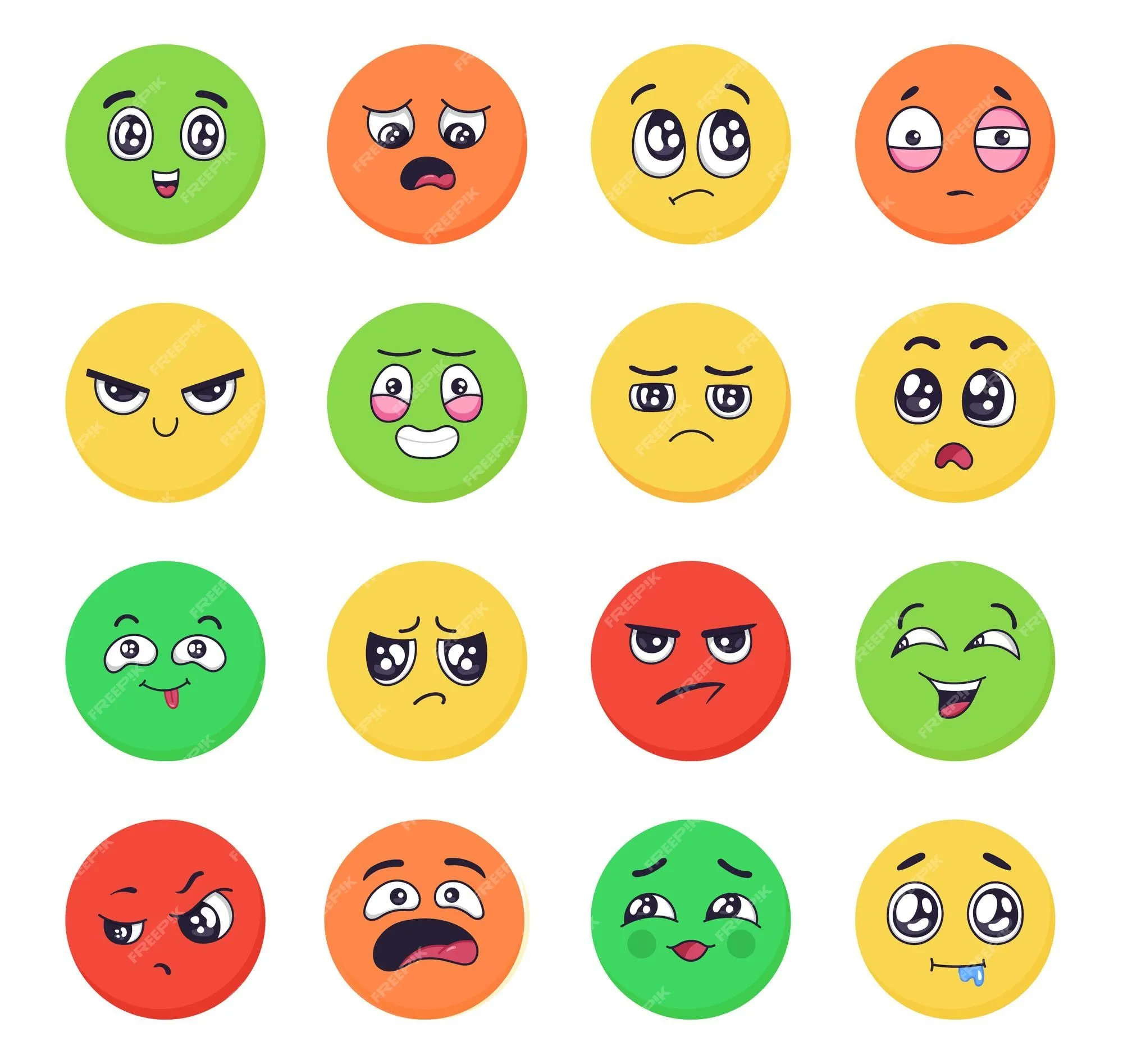 Caras de emociones de dibujos animados establecen expresiones de emoji con  gestos faciales de felicidad triste y enojada y alegría | Vector Premium