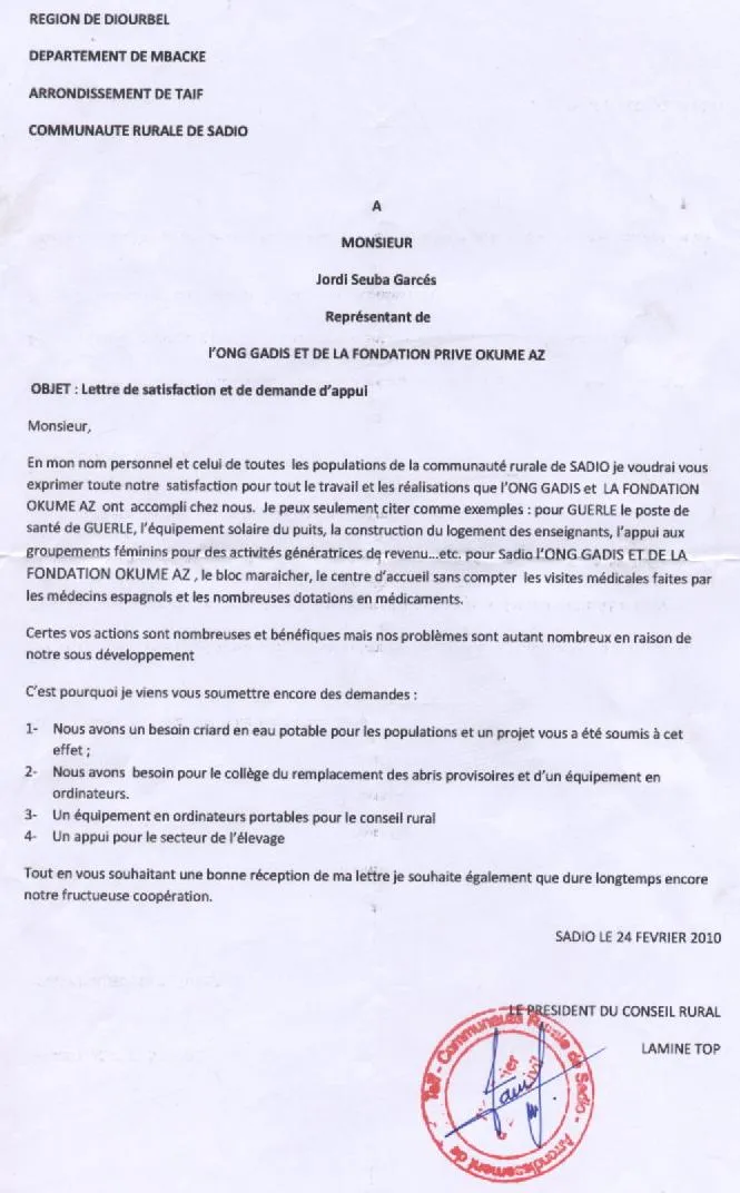 Carta de agradecimiento del gobierno de Sadio