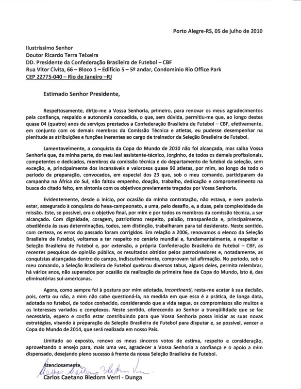 Carta de Despedida de Dunga a Ricardo Teixeira - Material Mórmon