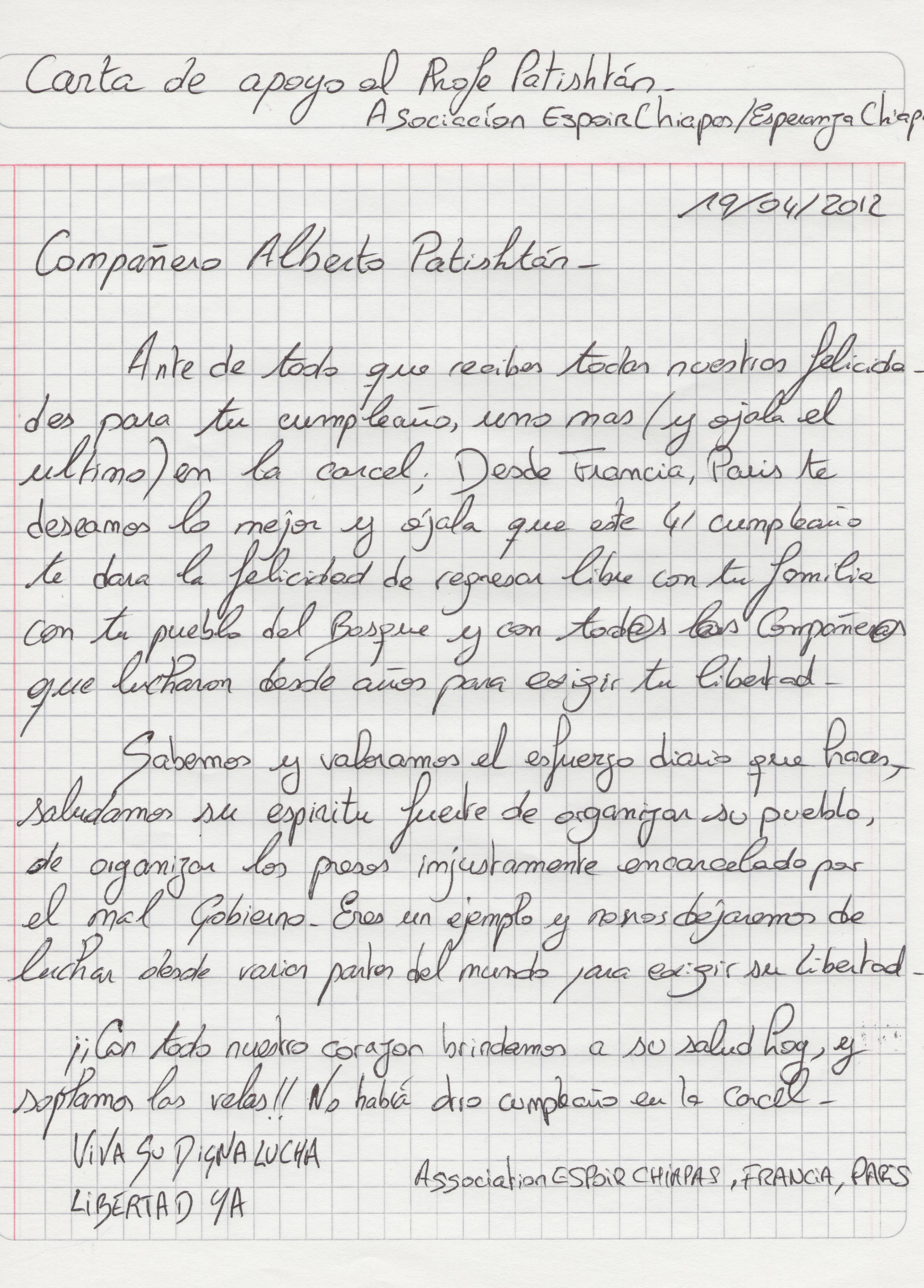 Carta de Espoir Chiapas por los cumpleaños del preso politico ...