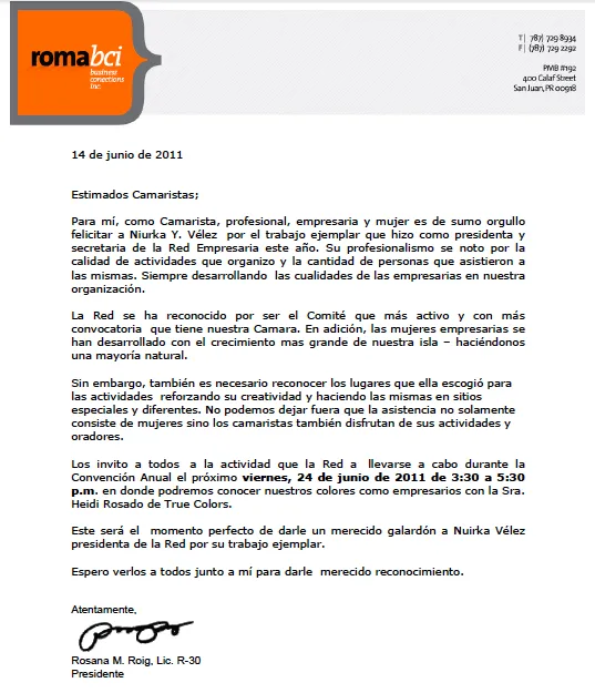 Carta felicitación de parte de nuestra amiga Rosana Roig Candidata ...