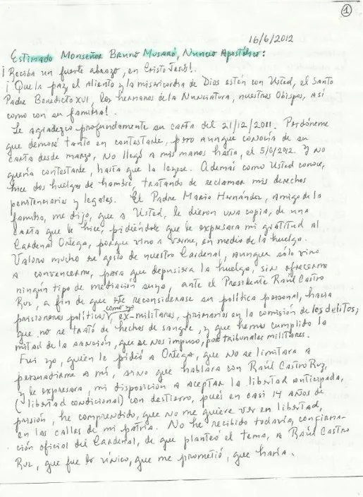 Carta hecha por el prisionero político Ernesto Borges al nuncio en ...