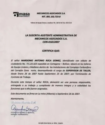 Carta Laboral Mecanicos Asociados S.A. | Soportes Laborales