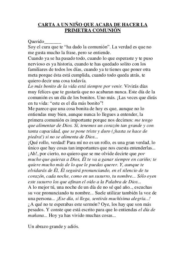 Carta a un niño que acaba de hacer la Primera Comunión