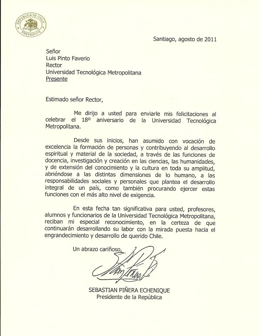 Carta del Presidente por Aniversario: 18 Años de la UTEM ...