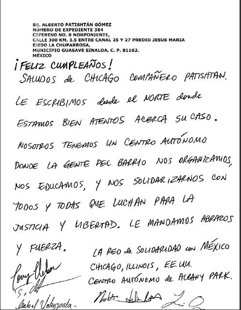 Carta de La Red de Solidaridad con México, Chicago, EEUU, por los ...