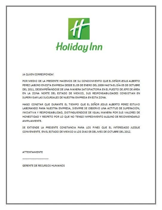 Carta de referencia laboral word - Imagui