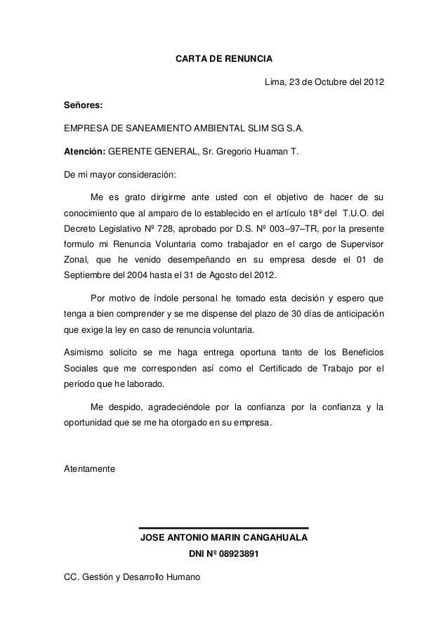 Carta de renuncia