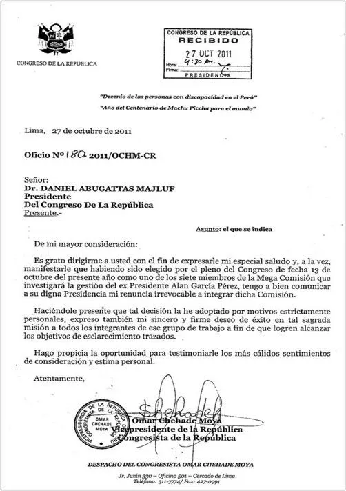 La carta de renuncia de Omar Chehade a la 'Megacomisión Alan ...