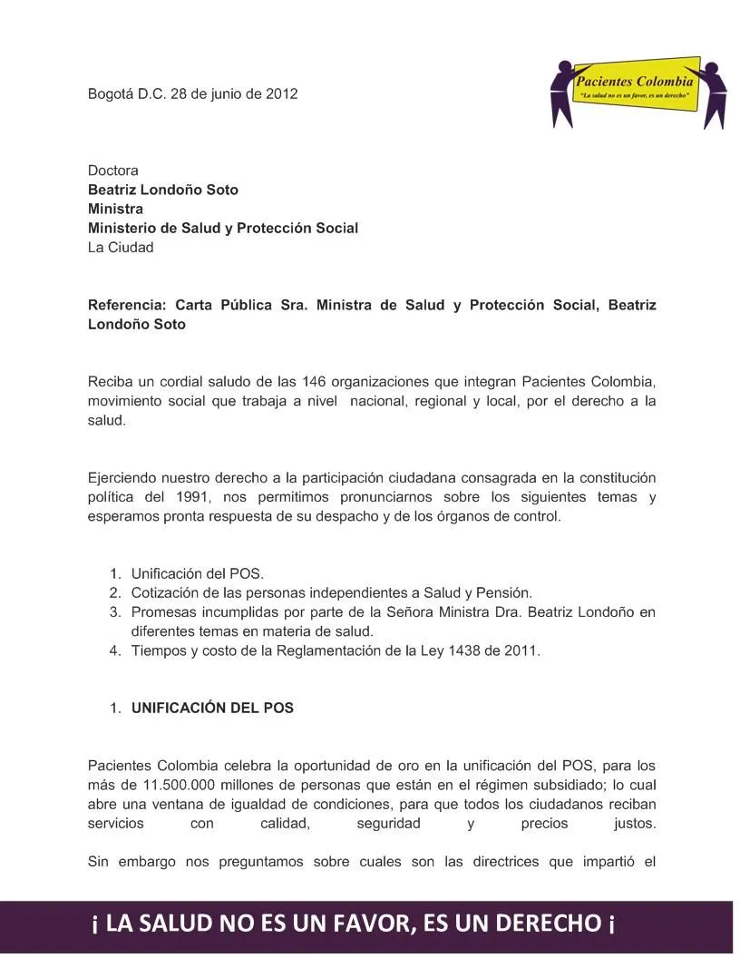 Carta de los Voceros de Pacientes Colombia a la Ministra Beatriz ...