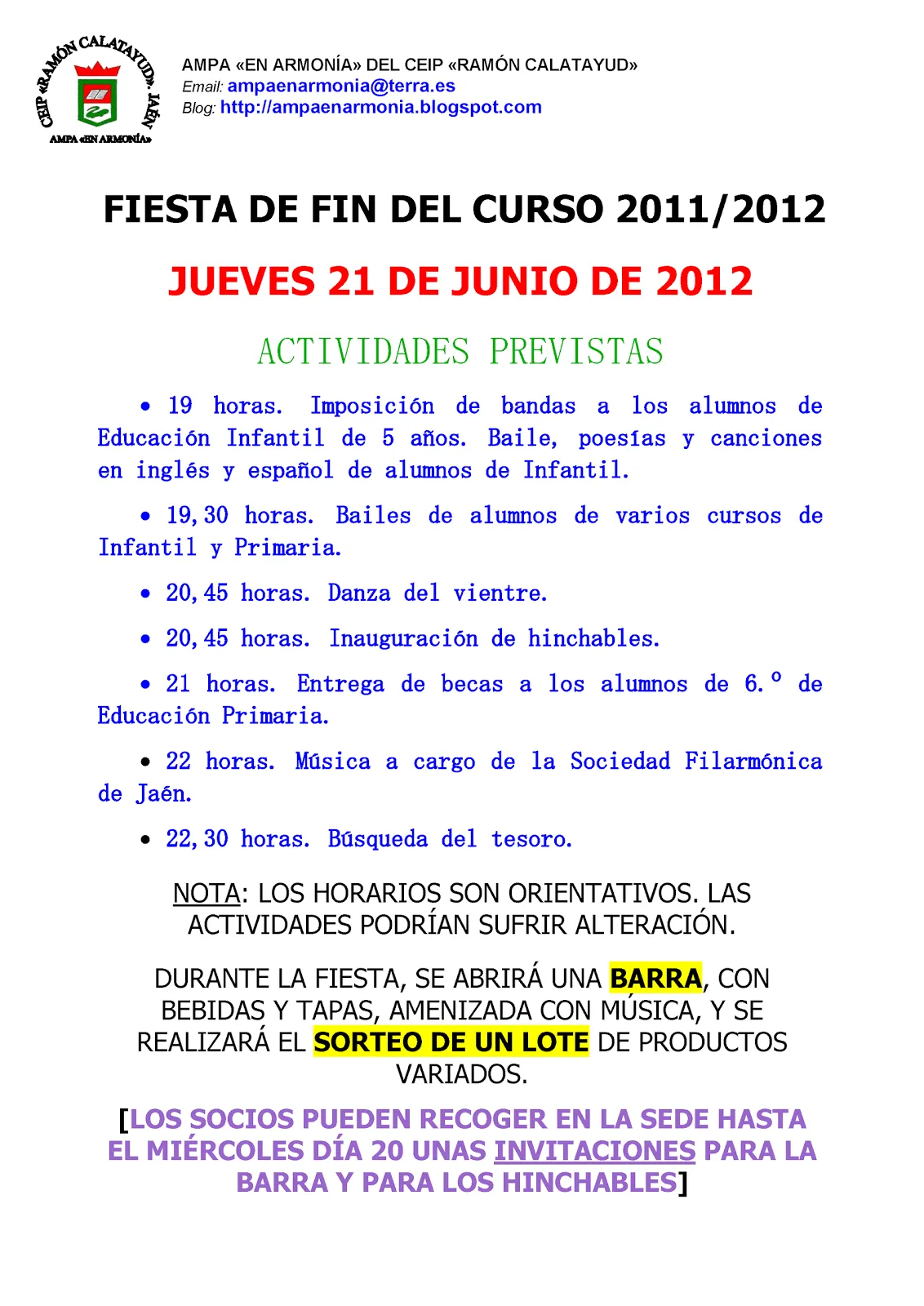 Cartel Fiesta de Fin de Curso 2011/2012 | AMPA "En Armonía"