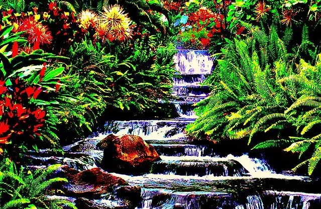 Una cascada de agua rodeada de flores. | Flickr - Photo Sharing!