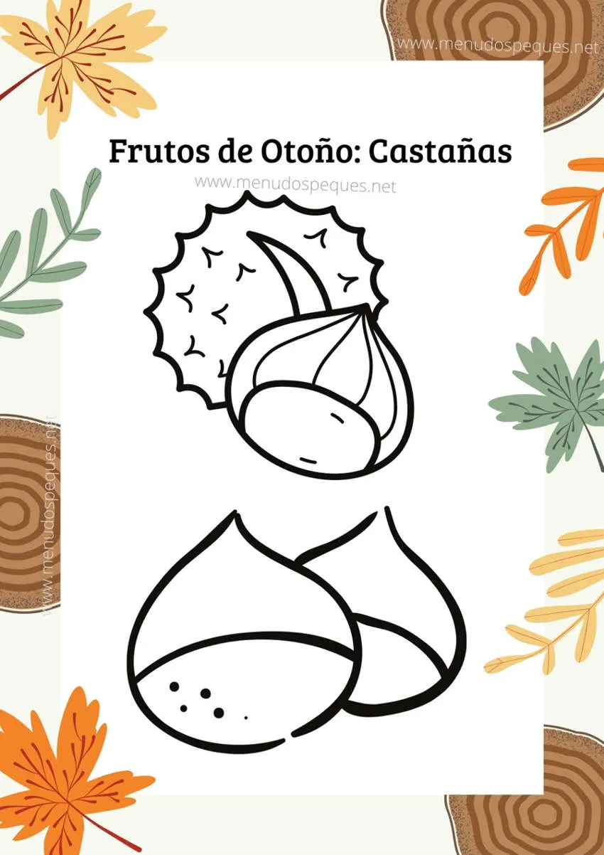 Castañas para colorear - Dibujos Frutos secos Otoño