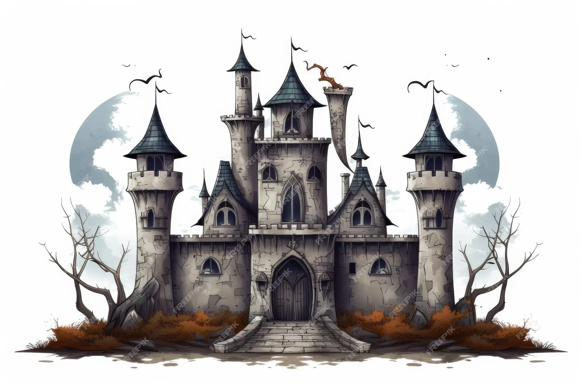 Castillo embrujado aislado sobre fondo blanco diseño de halloween con una  antigua casa espeluznante ilustración en estilo de dibujos animados | Foto  Premium