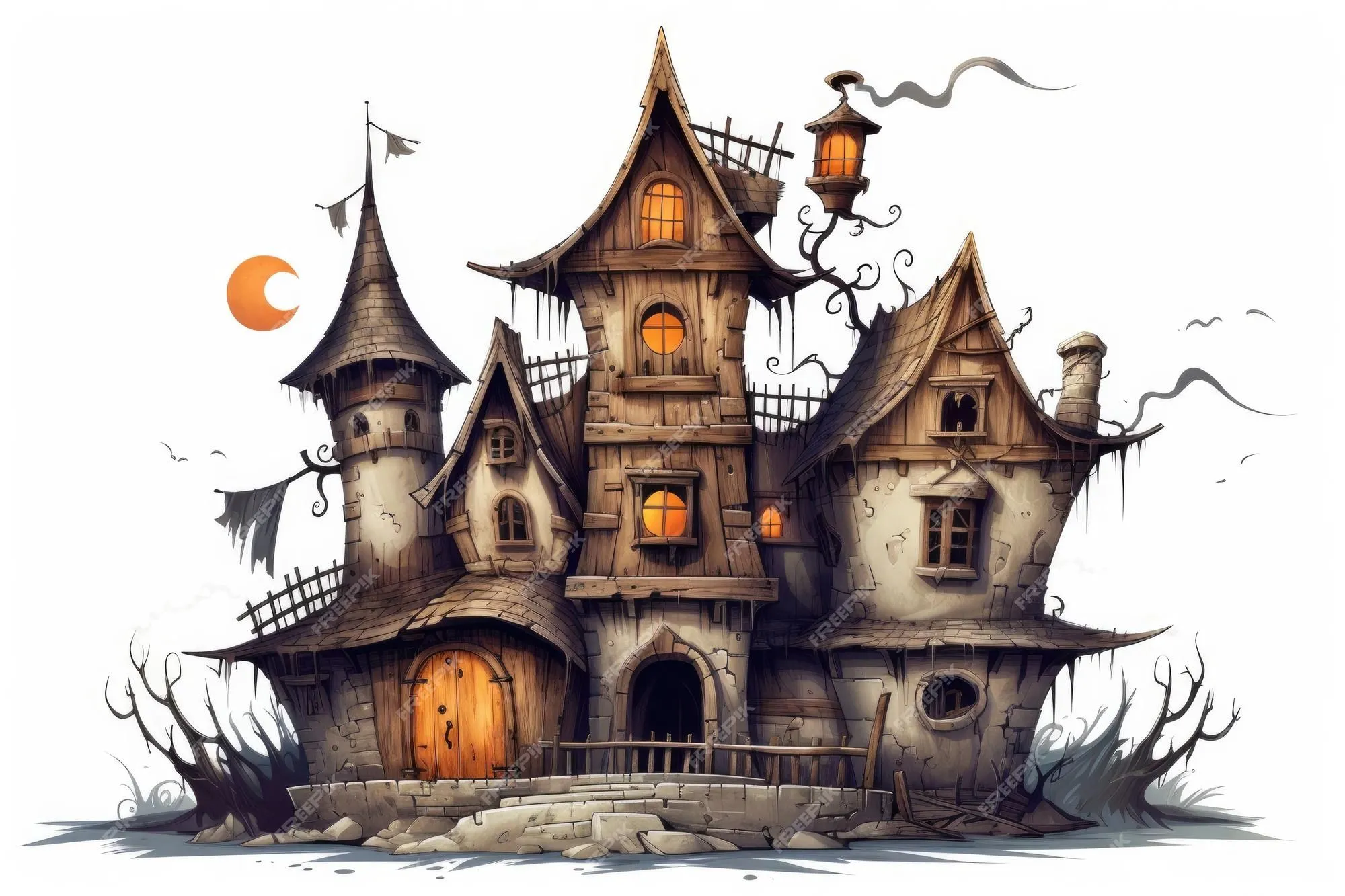 Castillo embrujado aislado sobre fondo blanco diseño de halloween con una  antigua casa espeluznante ilustración en estilo de dibujos animados | Foto  Premium