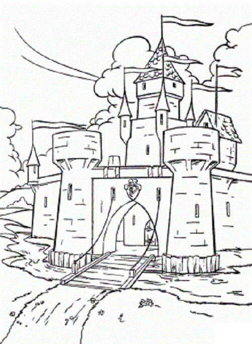 Castillo medieval rodeado por un foso - Dibujos para colorear