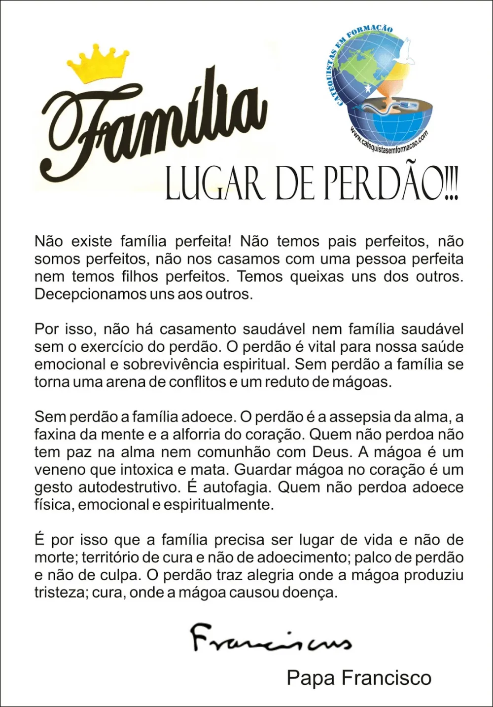 CATEQUISTAS EM FORMAÇÃO: Linda Mensagem para Família | Frases  motivacionais, Mensagem de familia, Frases inspiracionais