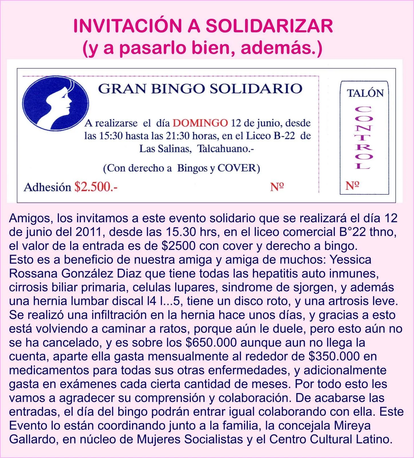 CENTRO CULTURAL LATINO DE TALCAHUANO: Invitación a Bingo para Jessica.