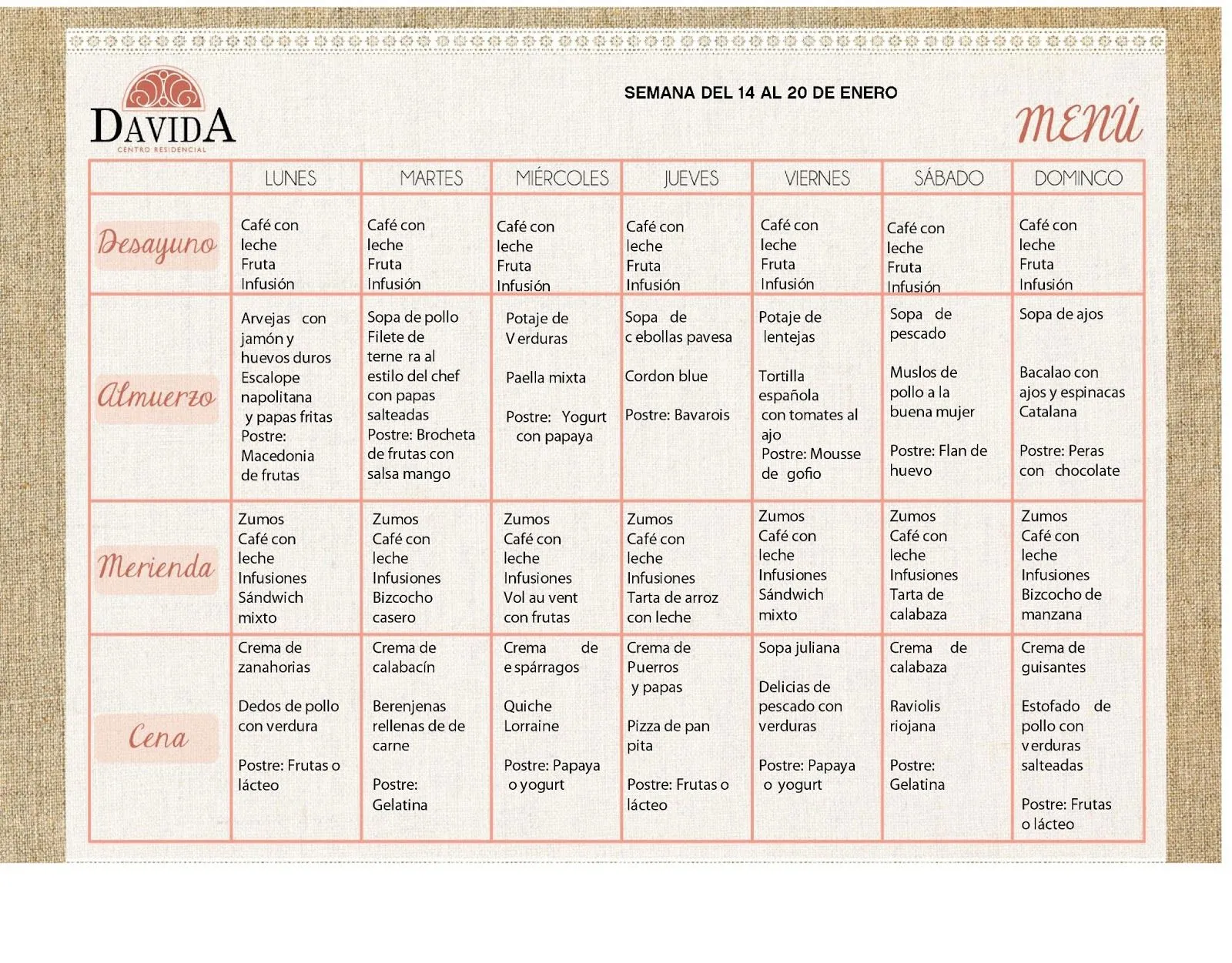 Centro Residencial Davida: MENÚ SEMANA DEL 14 AL 20 DE ENERO