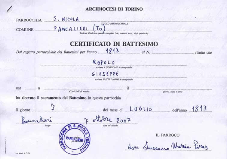 Certificado De Bautismo Giuseppe Ropolo Pictures