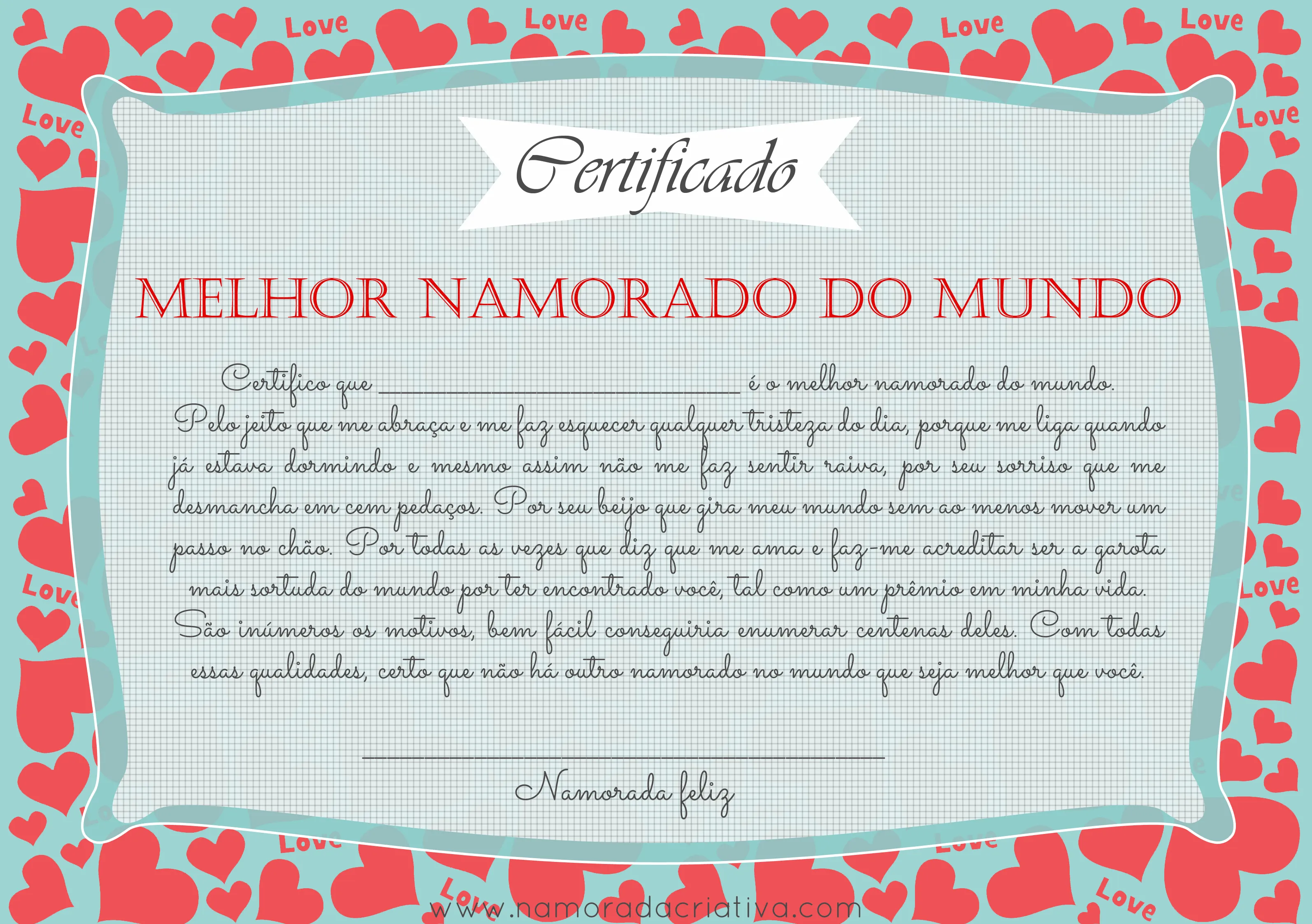 Certificado melhor namorado/ namorada/ noivo/ marido e esposa do ...