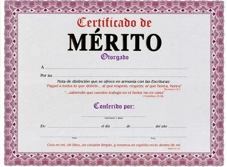 CERTIFICADO DE MERITO (Paq. de 15 unidades) - Senda de Vida