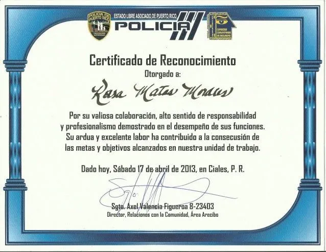 Certificado de Reconocimiento- Policia PR