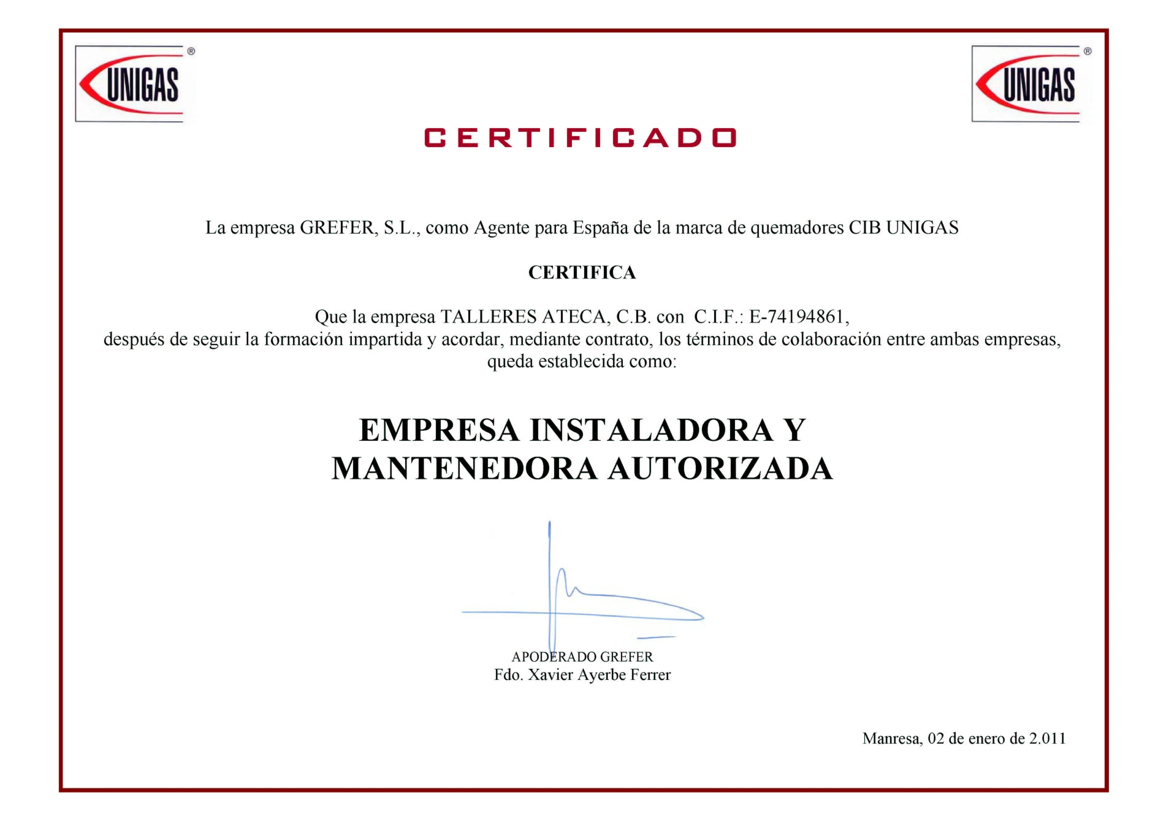 Certificados — Talleres Ateca, Calefacción y ACS