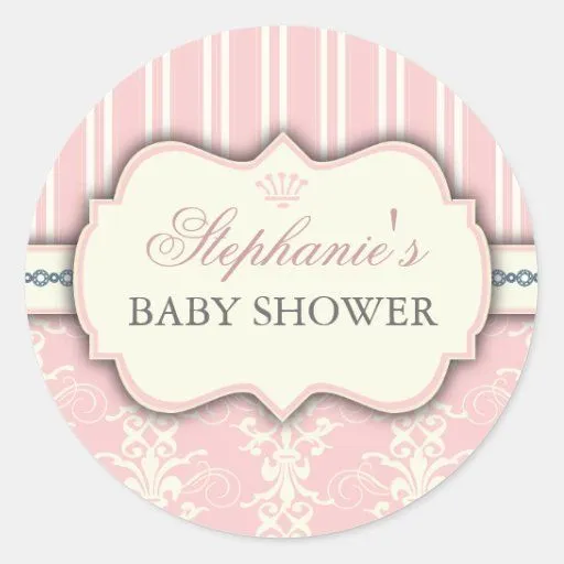 Chic Damask & Stripe Baby Shower Favor Sticker | Zazzle