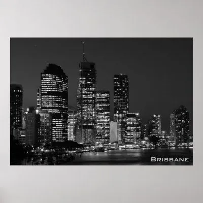 Ciudad de Brisbane, noche - poster blanco y negro de Zazzle.