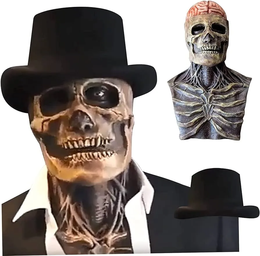 Ckuakiwu Máscara de Calavera de Halloween, Casco de Esqueleto 3D de Cabeza  Completa con mandíbula y Sombrero móviles, Tapa de Cabeza Completa Realista  para la Cabeza Completa para los Festivales de :