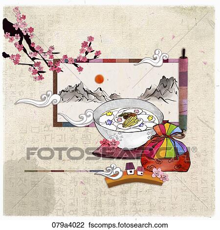 Clip Art - el, bizcocho arroz, sopa, afortunado, bolsa, rosa, flor ...